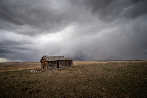 Abandoned farm buildings in Alberta in early Spring.