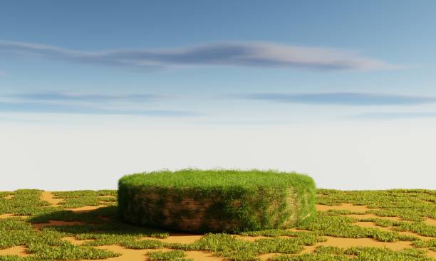 podium herbeux avec fond ciel bleu nuageux. nature et objet abstrait pour le concept publicitaire de présentation de produits. rendu d’illustration 3d - rural scene photos et images de collection