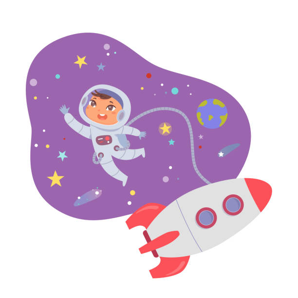 istock Kid astronaut flying in space near rocket among planets, stars and asteroids of galaxy vector illustration. Cartoon spaceman character traveling in universe, child studying astronomy 1392144163