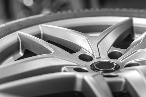 Close-up of modern alloy car wheel