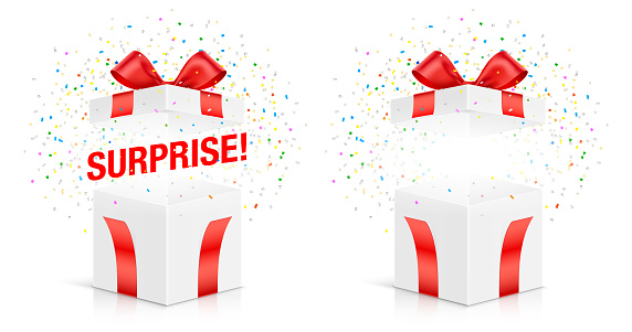 Set of open white gift boxes with a Surprise message, and empty space for an object, or text placement, isolated on background. Vector illustration of the festive box with exploded colorful confetti.
