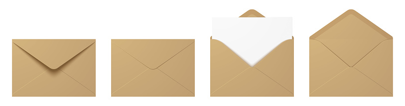 Vector set of realistic craft paper envelopes in different positions. Folded and unfolded envelope mockup isolated on a white background.