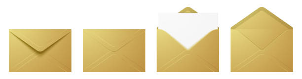 Vector set of the realistic golden envelopes. Vector set of realistic golden envelopes in different positions. Folded and unfolded luxury envelope mockup isolated on a white background. unfolded stock illustrations