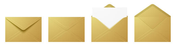 Vector set of the realistic golden envelopes. Vector set of realistic golden envelopes in different positions. Folded and unfolded luxury envelope mockup isolated on a white background. gold envelope stock illustrations