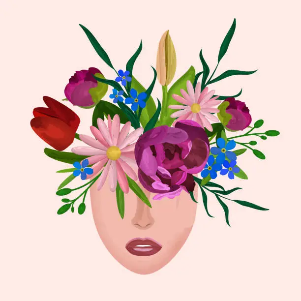 Vector illustration of Woman head with flowers. Free your Mind.