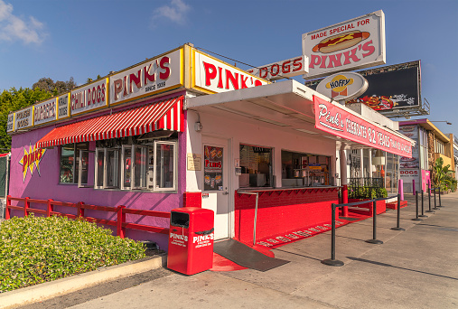 Los Angeles, CA, USA - April 17, 2022: Exterior of famous Pink\