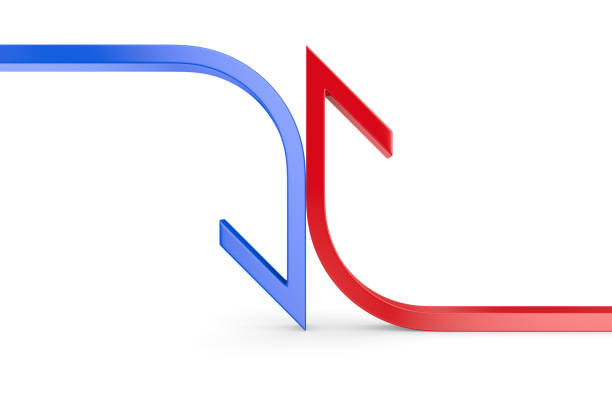 two arrow from red and blue lines on white background. Isolated 3D illustration