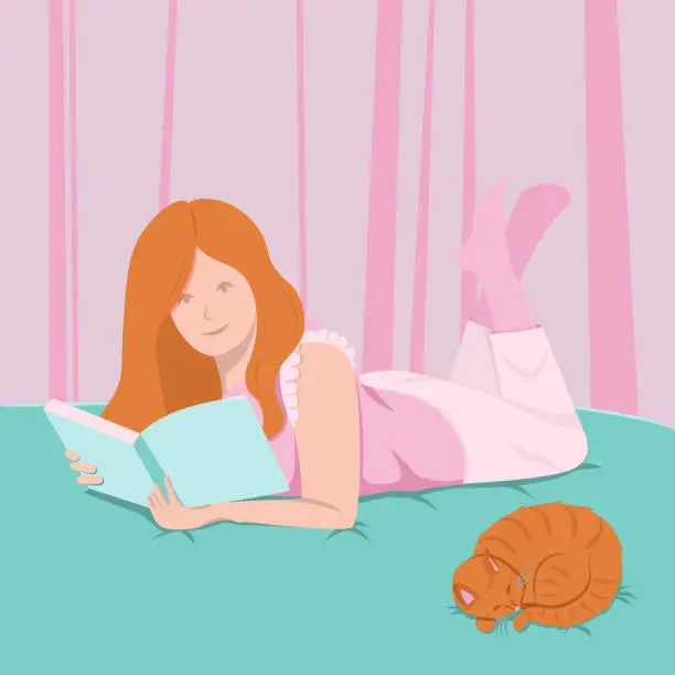 Vector illustration of Young woman llies on bed and reads book