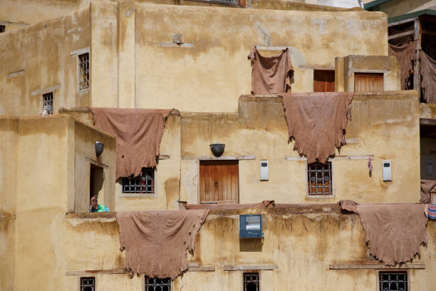 Old town (medina) of Fez, Morocco. leather hanging to dry.