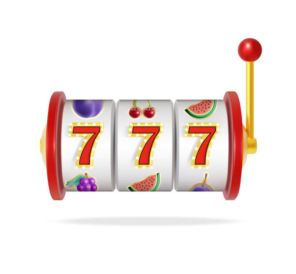 Realistic Detailed 3d Slot Machine . Vector Realistic Detailed 3d Slot Machine with Handle One Arm Casino Concept Isolated on a White Background. Vector illustration of Lucky Sevens Jackpot coin operated stock illustrations