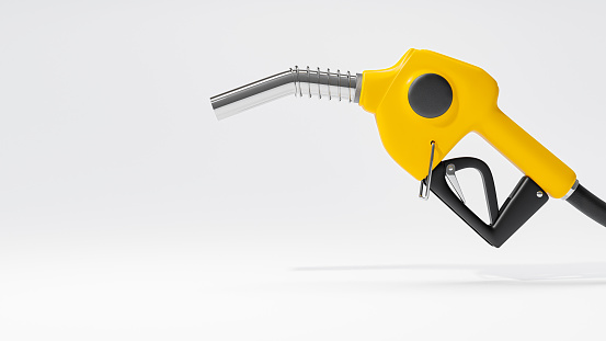 Yellow fuel nozzle for car on white background. Space for banner and logo, 3D Render.