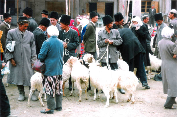 os pastores uigures estão vendendo as ovelhas no bazar yutian. - cultura uigur - fotografias e filmes do acervo