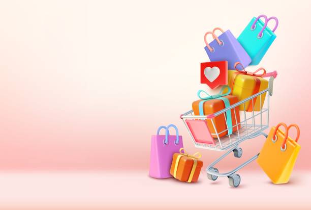 3d Metal Shopping Cart Plasticine Cartoon Style. Vector 3d Metal Shopping Cart Plasticine Cartoon Style. Vector illustration of Trolley Market with Paper Bags and Present Gift cart stock illustrations