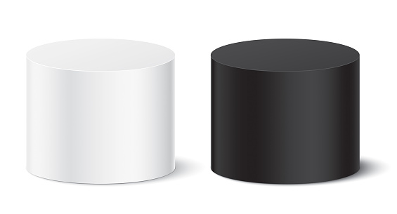 Vector set of white and black tube shape pedestals. Cylinder form abstract geometric objects, for a product, or text placement.