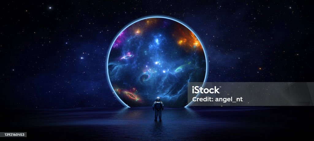 Astronaut cosmonaut discovery of new worlds of galaxies panorama, fantasy portal to far universe. Astronaut space exploration, gateway to another universe. 3d render Outer Space Stock Photo