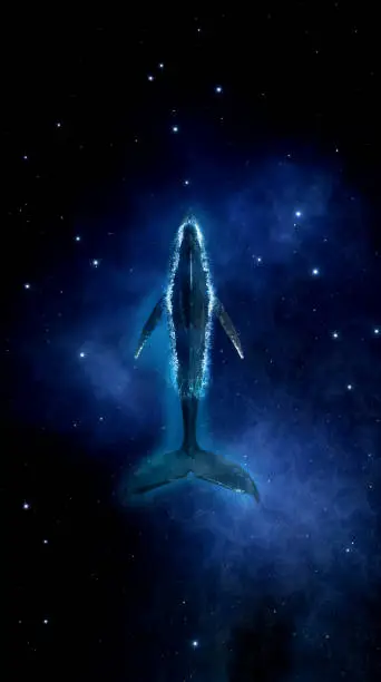 Photo of Big whale swims in deep space of stars, nebulae and galaxies. Fantasy landscape cosmos diving blue whale in starry sky. 3d render