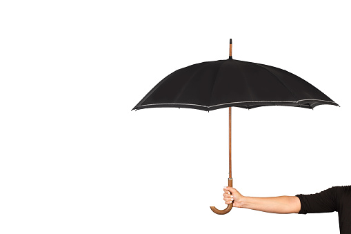 Woman hand holding a black umbrella on a white background with copy space