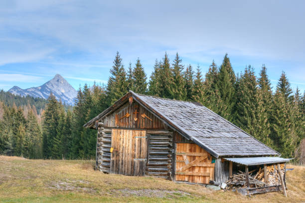 drewniana stodoła w alpach wschodnich tyrolu. - winter lake snow water zdjęcia i obrazy z banku zdjęć