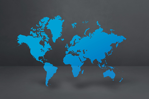Blue world map isolated on black concrete wall background. 3D illustration