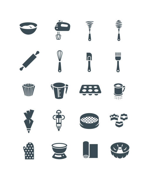 bildbanksillustrationer, clip art samt tecknat material och ikoner med baking tools simple pictograms home cooking flat vector icons - bakplåt