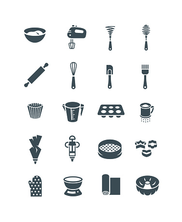 Baking tools icons. Flat vector simple pictograms. Kitchen bakery equipment for pastry cooking. Bakeware such as rolling pin, whisks, cake and bundt pan, cookie cutter, muffin liner, flour sifter