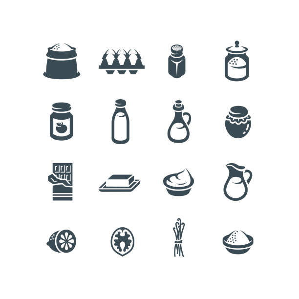 ilustraciones, imágenes clip art, dibujos animados e iconos de stock de ingredientes de productos de panadería pictogramas monocromáticos planos simples - butter