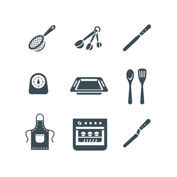 illustrations, cliparts, dessins animés et icônes de outils de cuisson pictogrammes simples icônes vectorielles plates - saupoudreuse à farine
