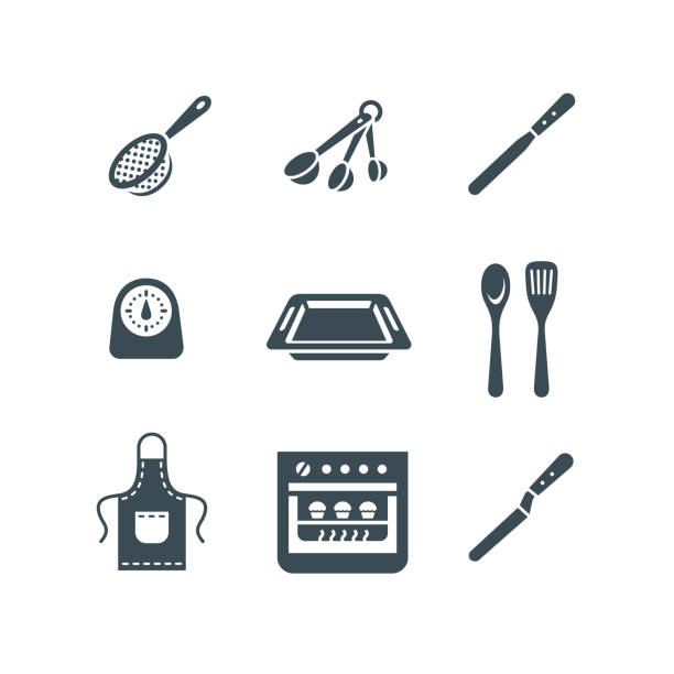 bildbanksillustrationer, clip art samt tecknat material och ikoner med baking tools simple pictograms flat vector icons - bakplåt