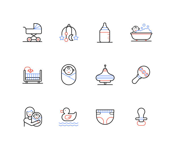 Motherhood and the newborn - line design style icons vector art illustration