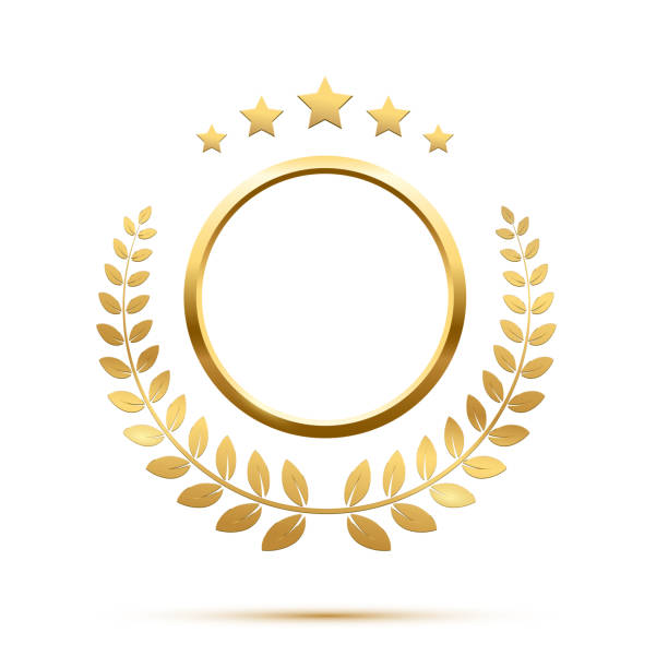 ilustrações de stock, clip art, desenhos animados e ícones de gold round frame, stars and circular wreath from olive leaf, 3d golden anniversary medal - medal gold medal award gold