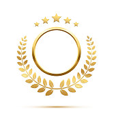 istock Gold round frame, stars and circular wreath from olive leaf, 3d golden anniversary medal 1392169390