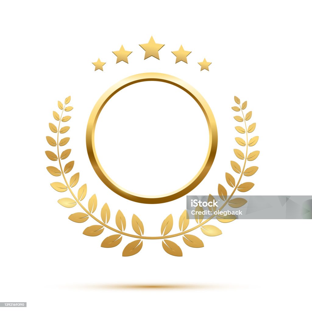 Gold Round Frame Stars And Circular Wreath From Olive Leaf 3d Golden  Anniversary Medal Stock Illustration - Download Image Now - iStock