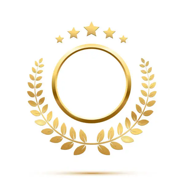 Vector illustration of Gold round frame, stars and circular wreath from olive leaf, 3d golden anniversary medal