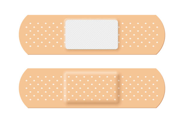 Adhesive bandage set of rectangle shape, 3d realistic band aid, back and front view Adhesive bandage set of rectangle shape vector illustration. 3d realistic elastic band aid, back and front view of beige plaster for emergency medical care and wound on skin isolated on white adhesive bandage stock illustrations