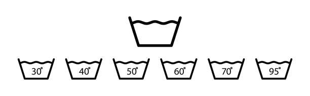 ilustrações de stock, clip art, desenhos animados e ícones de wash degree icons. wash temperature degree from 30 to 95. 30, 40, 50, 60, 70, 90 and 95 degrees for washing clothes. laundry symbols isolated on white background. vector - letter c