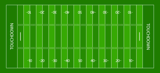 アメリカンフットボール場。アメリカンフットボールのための白い線と緑の芝生。グリッドアイアン、サイドライン、エンドゾーン、タッチダウンの背景。スーパーボウルのスタジアム。ベ� - superbowl american football stadium aspirations goal点のイラスト素材／クリップアート素材／マンガ素材／アイコン素材