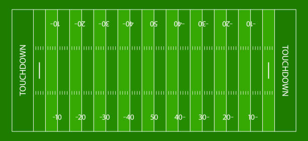 ilustrações, clipart, desenhos animados e ícones de campo de futebol americano. grama verde com linhas brancas para o futebol americano. fundo com gridiron, sideline, endzone e touchdown. estádio para superbowl. vetor - jarda