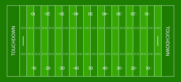 American football field. Green grass with white lines for american football. Background with gridiron, sideline, endzone and touchdown. Stadium for superbowl. Vector.