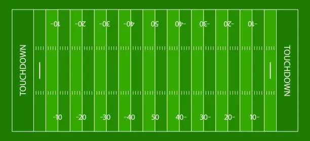 Vector illustration of American football field. Green grass with white lines for american football. Background with gridiron, sideline, endzone and touchdown. Stadium for superbowl. Vector