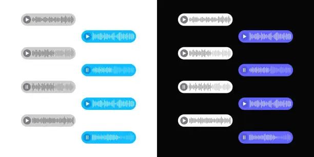 Vector illustration of Audio message. Voice chat isolated on white and black background. Mockup of audio file in messenger. Design of interface for app. Record, send and player sound bubbles. Vector
