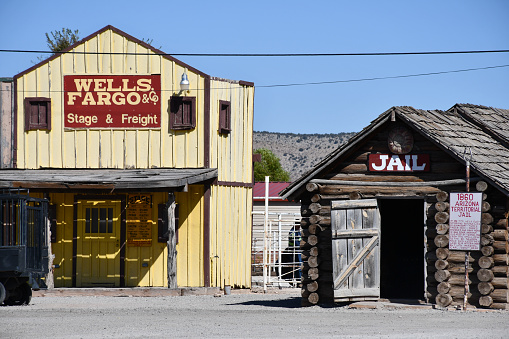 Seligman, AZ, USA - October 14, 2019: The Wells Fargo (at the Seligman Depot) and jail, which are part of a group of fake western buildings set up in Seligman.