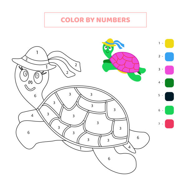 ilustrações, clipart, desenhos animados e ícones de cor tartaruga bonito em números. - worksheet