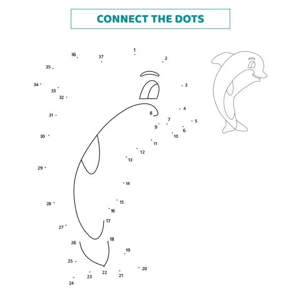 Vector illustration of Connect the dots for the dolphin. Educational worksheet.