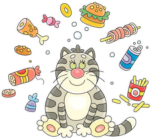おいしいものを夢見る面白い太った猫 - happiness white background eating flying点のイラスト素材／クリップアート素材／マンガ素材／アイコン素材