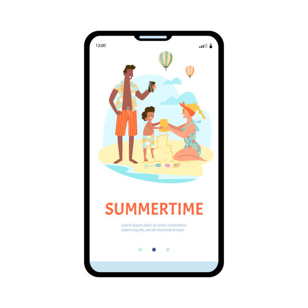 ilustraciones, imágenes clip art, dibujos animados e iconos de stock de plantilla para aplicación móvil sobre verano y feliz estilo de piso de vacaciones en familia - swimwear vector non urban scene text