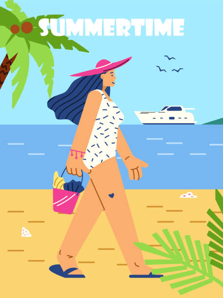 ilustraciones, imágenes clip art, dibujos animados e iconos de stock de banner vertical sobre verano, estilo plano de descanso en la playa, ilustración vectorial - swimwear vector non urban scene text