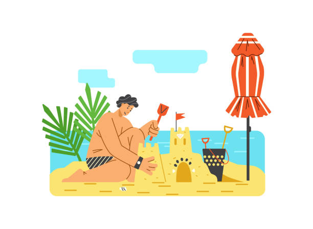 Smiling boy makes sand castle on the beach scene flat style Smiling boy makes sand castle on the beach scene flat style, vector illustration isolated on white background. Coast, parasol, green leaves and clouds. Beach rest concept plage stock illustrations