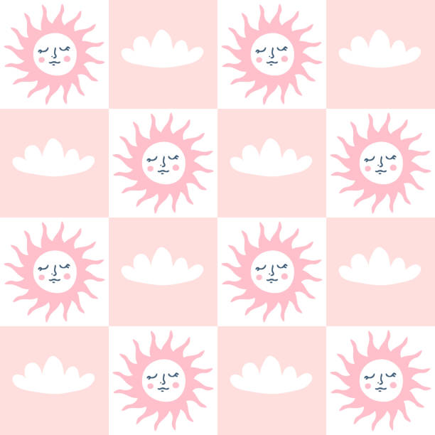Grid retro seamless pattern with sun and clouds in 1970s style. Funny simple print for T-shirt, paper, card and stationery. Doodle vector illustration for decor and design.