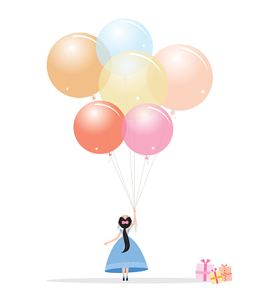 vector, illustration, colorful balloons and girl, girl holding balloons