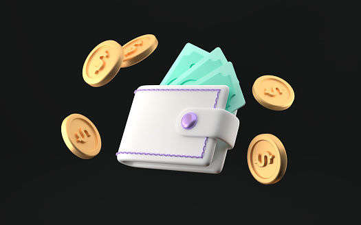 Bundle of cash wallet and floating coins. money-saving, cashless society concept isolated on black background. 3d render illustration